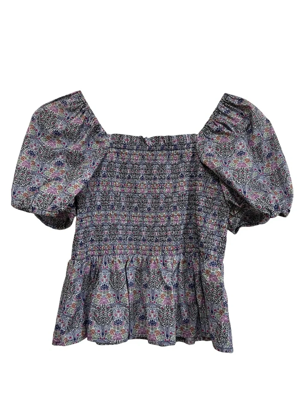J. Crew Liberty Fabric Smocked Square Neck Puff Sleeve Floral Peplum Top Large
